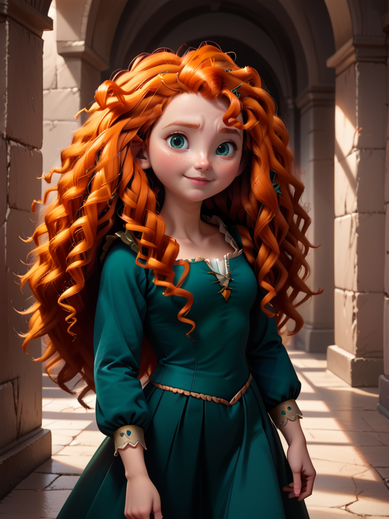 score_9, score_8_up, score_7_up, princess outfit, merida, A girl with long, curly red hair and green eyes, wearing a dark green dress, standing in a stone-walled hallway, 1girl, solo, long hair, looking at viewer, blush, smile, blue eyes, shirt, hair ornament, long sleeves, closed mouth, upper body, hairclip, parted lips, indoors, black skirt, orange hair, looking up, wavy hair, freckles, curly hair,   
 <lora:princess_rc_pony_v2:0.8>