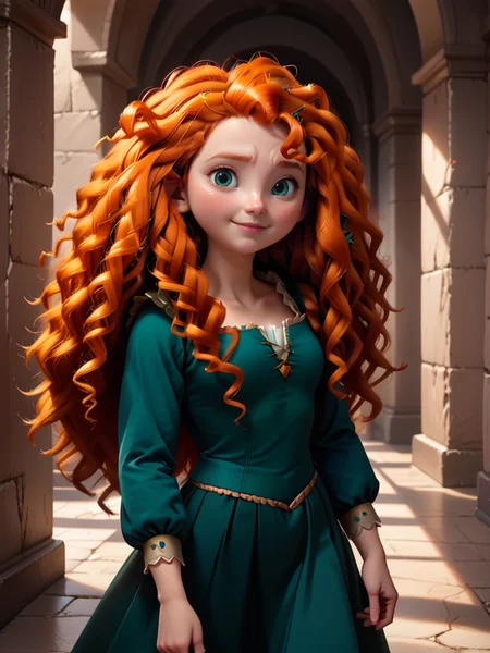 score_9, score_8_up, score_7_up, princess outfit, merida, A girl with long, curly red hair and green eyes, wearing a dark green dress, standing in a stone-walled hallway, 1girl, solo, long hair, looking at viewer, blush, smile, blue eyes, shirt, hair ornament, long sleeves, closed mouth, upper body, hairclip, parted lips, indoors, black skirt, orange hair, looking up, wavy hair, freckles, curly hair,   
 <lora:princess_rc_pony_v2:0.8>