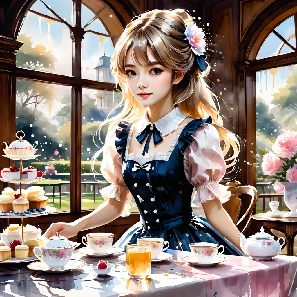 ink splashing,semi realistic, 2d game scene,oil and watercolor painting,
 <lora:fantasy_world:1>ï¼
masterpiece, [(draft, (one girl:1.5))::0.5], [(at an afternoon tea party)], (medium shot:1.5), extremely detailed CG, 
(luxurious hair ornament), floating hair, [[graceful full dress:0.5]::0.8], top_sleeves, [delicate hands:0.8]
