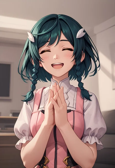 score_4,score_5,score_6,score_7_up,score_8_up,score_9
((masterpiece,best quality,ultra detailed,highres,HD,4k:1.2)),
1 cute girl,
upper body,1girl, solo, medium hair, dark green hair, braids, two braids, yellow eyes, pink top, ribbon on clothes,white pants skirt, pantyhose, black footwear, boots, white shirt, short sleeves, puffy sleeves, hair ornament,
room, living room, open mouth,closed eyes, blush, happy, smile, put your hands together,