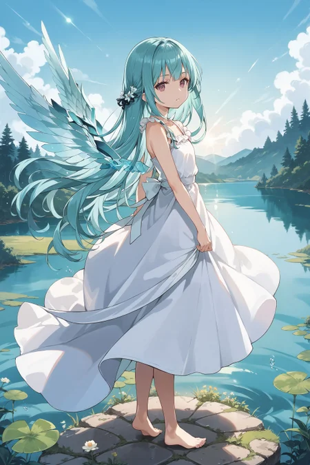 score_max, (score_9, score_8_up, score_7_up:1.2), score_6_up, official art, source_anime,
, masterpiece, absurdres, high detail, 8k,
morning, lake, salar de uyuni, lens flare, fromside,
standing, looking back, expressionless, parted lips,
ddphibachi, aqua hair, very long hair, sundress, collarbone, wings, barefoot,
<lora:XL_Pony_gomaotsu-hibachi-t3:1>