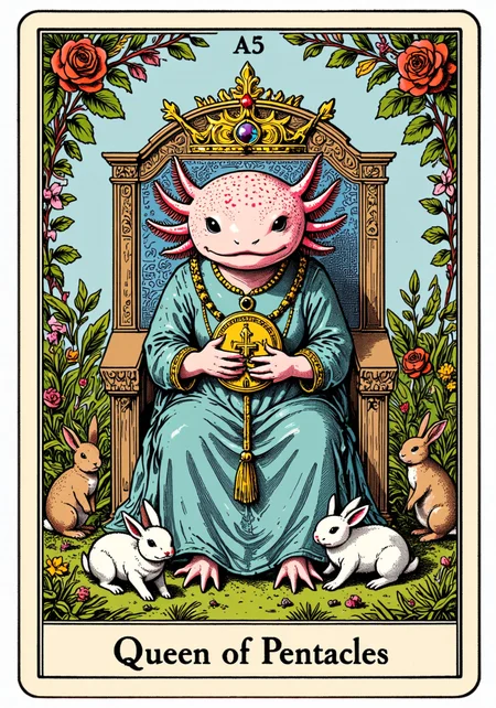 a tarot card in the style of ck-tc featuring, axolotl, A tarot card with the text "Queen of Pentacles," an axolotl on a throne in a garden, holding a pentacle, rabbits nearby, a nurturing demeanor.<lora:Axomodel_Flux_V1.1.safetensors:1.0:1.0> <lora:ck-tarot-000015.safetensors:1:1>