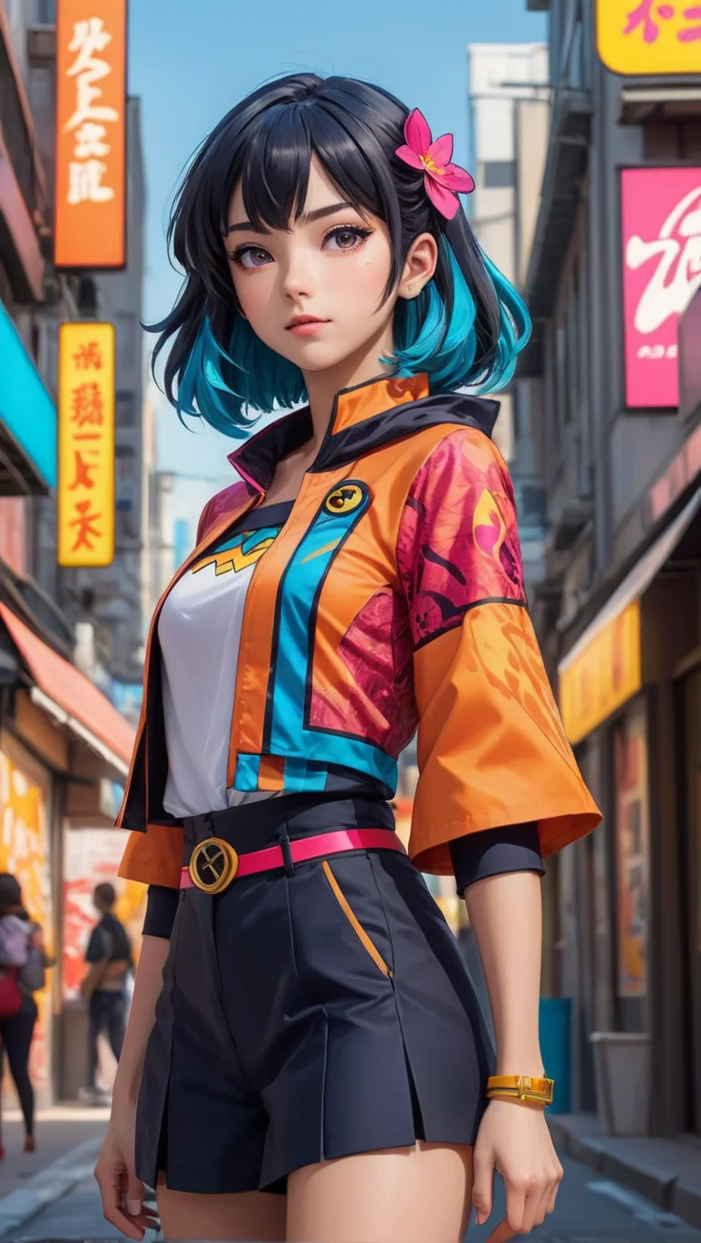 A young woman, dressed in vibrant anime-inspired clothing, stands confidently in a bustling urban environment. Her costume is a colorful fusion of comic book and anime aesthetics, with bold patterns and vivid hues that demand attention. She exudes an aura of playful confidence, drawing the gaze of passersby as she blends the worlds of comics and anime into her unique style statement. | finely-detailed, perfect focus, sharp, vibrant, subject-background isolation