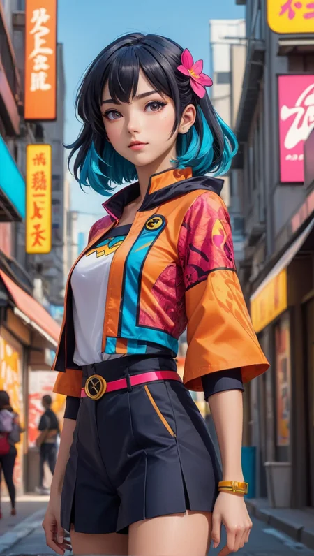 A young woman, dressed in vibrant anime-inspired clothing, stands confidently in a bustling urban environment. Her costume is a colorful fusion of comic book and anime aesthetics, with bold patterns and vivid hues that demand attention. She exudes an aura of playful confidence, drawing the gaze of passersby as she blends the worlds of comics and anime into her unique style statement. | finely-detailed, perfect focus, sharp, vibrant, subject-background isolation