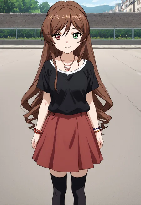 score_9, score_8_up, score_7_up, score_6_up, high resolution, gorgeous, absurdres, best quality, anime screencap, source_anime, Expressiveh, 1girl, outdoors, daytime, suiseiseki, def, solo, brown hair, twin drills, heterochromia, smile, Black t-shirt, red skirt, pleated skirt, shell necklace, bracelets, Black thighhighs, sneakers