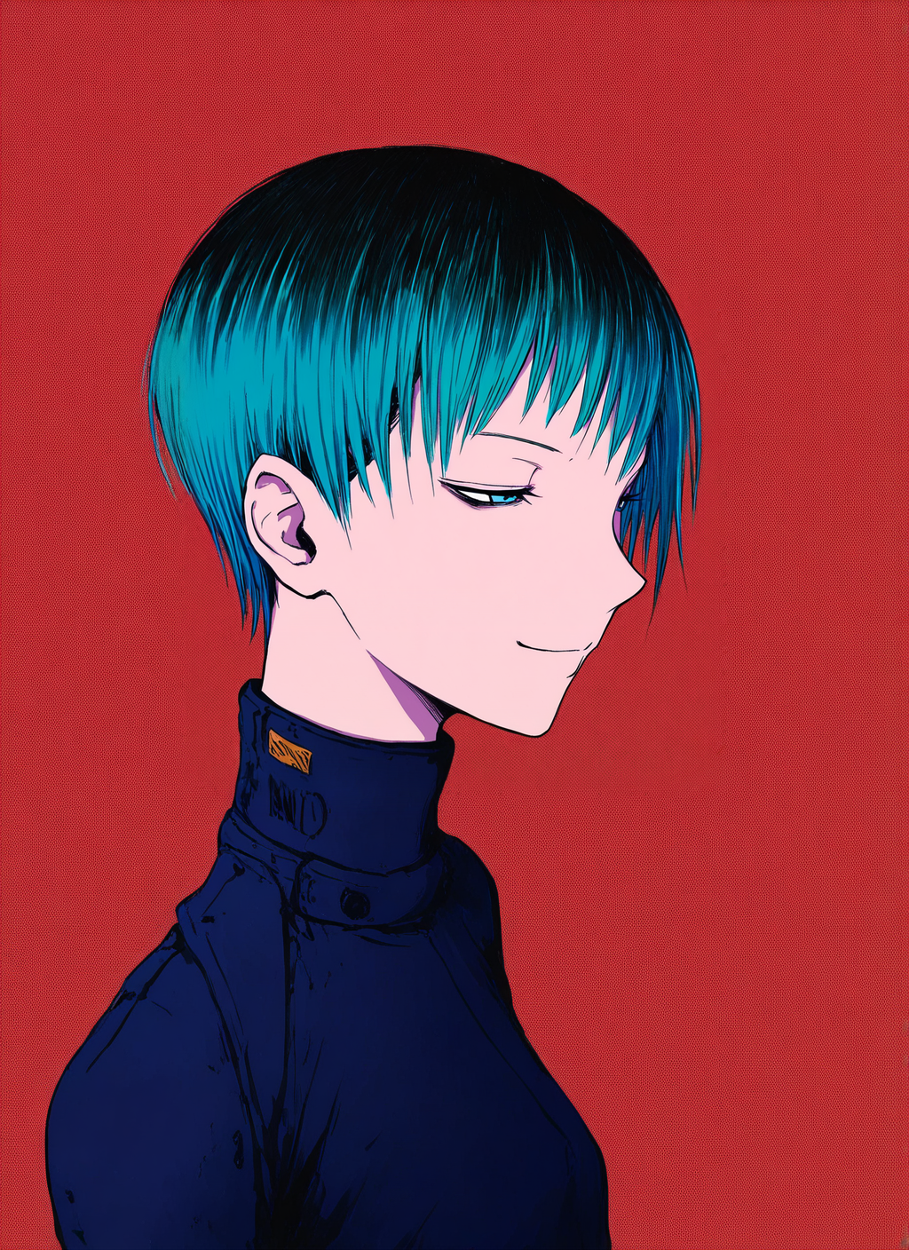 artist:, masterpiece, best quality, newest, very awa, absurdres, highres, tmnh, 1girl, smug, Short Pixie Cut hair, multicolored colored hair, aqua hair, black hair, abstract background, detailed, <lora:Tsutomu_Nihei_Blame_Style_Illustrious:1.0>