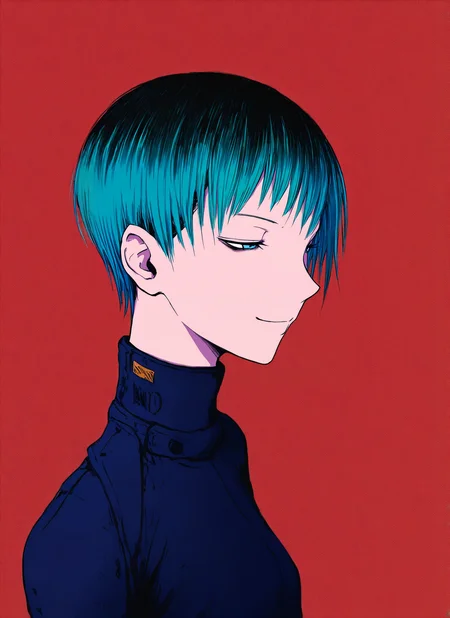 artist:, masterpiece, best quality, newest, very awa, absurdres, highres, tmnh, 1girl, smug, Short Pixie Cut hair, multicolored colored hair, aqua hair, black hair, abstract background, detailed, <lora:Tsutomu_Nihei_Blame_Style_Illustrious:1.0>