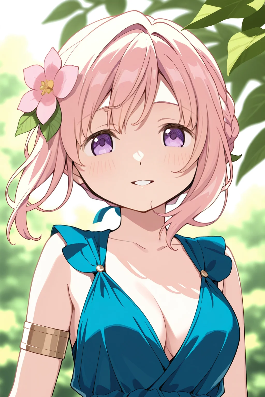 <lora:PuellaMagi:1>, PuellaMagi, 1girl, solo, flower, looking at viewer, dress, hair flower, cleavage, upper body, smile,blue dress, parted lips, sleeveless, bare shoulders, sleeveless dress, pink flower, leaf, armlet, blurry background, outdoors