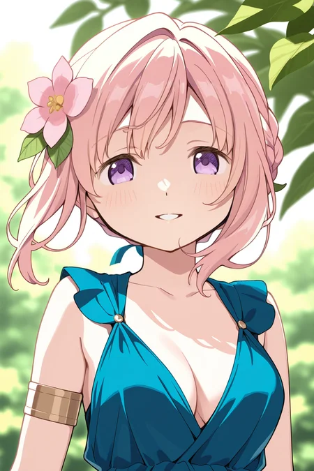 <lora:PuellaMagi:1>, PuellaMagi, 1girl, solo, flower, looking at viewer, dress, hair flower, cleavage, upper body, smile,blue dress, parted lips, sleeveless, bare shoulders, sleeveless dress, pink flower, leaf, armlet, blurry background, outdoors