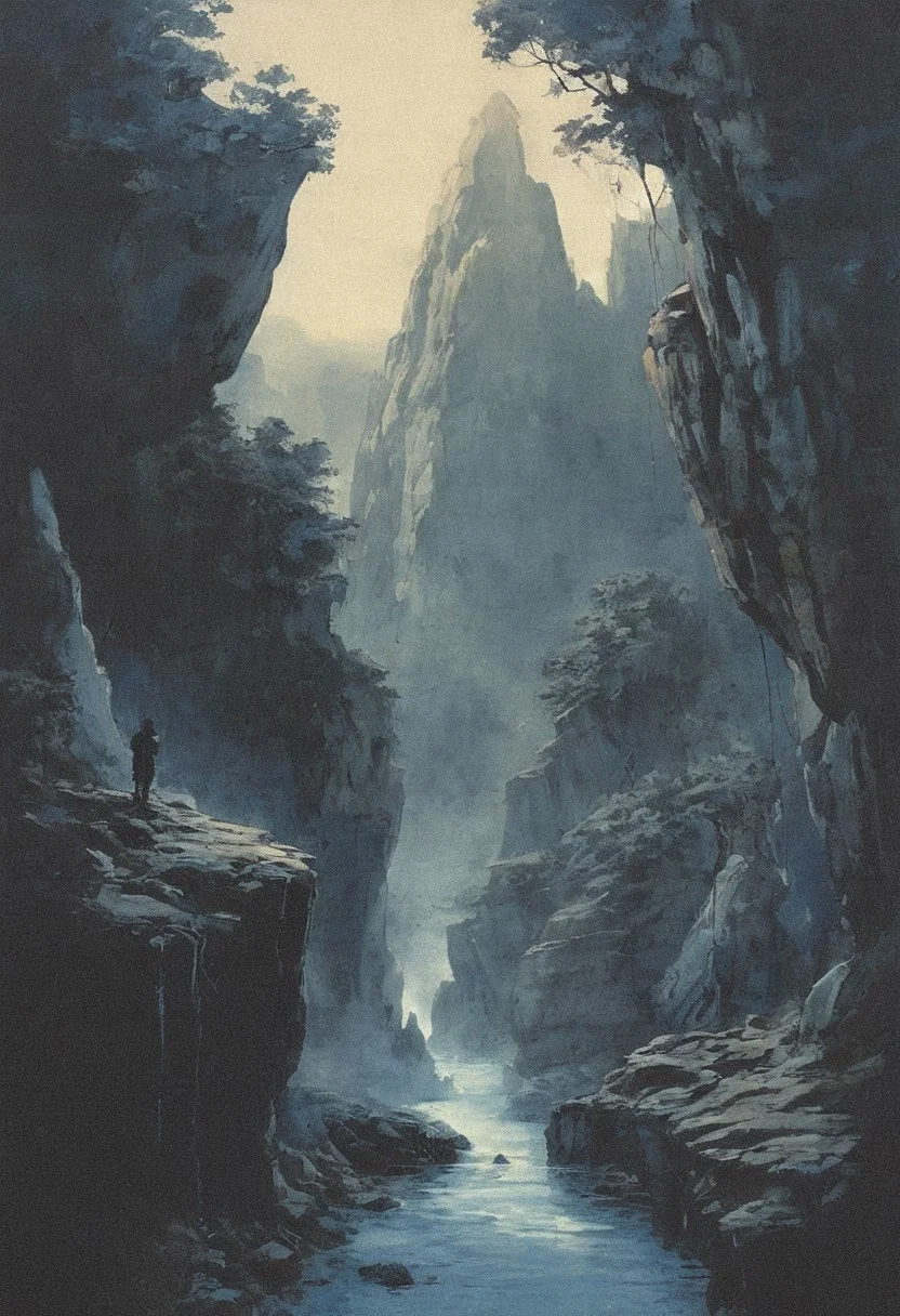 masterpiece, best quality, digital gouache and ink overlay, layered brushstrokes, high resolution, textured paper base
twisted cliff faces bending skyward, fragmented floating islands, surreal rock formations, jagged edges,
soft overcast diffusion, cold blue tones, muted ambient haze,
rough stone textures with wet ink washes, deep indigo and slate gray,
luminescent fungi clusters, glowing blue, clustered near cliff bases,
fine ink tendrils along cliff edges, flowing and curling,
shadowed crevices creating abstract mask-like patterns, calm mood,
ancient rune stones, carved into cliff faces, dark granite, weathered,
reflective pool at cliff base, broken fractal pattern, layered composition,
dripping ink flows, swirling mist, visual depth,
low contrast monochrome surrealism, fluid dimension, eerie suspension,