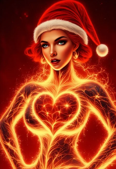 Contrail, mosaic, Fantasy realism, Storybook Illustration, double exposure, holding luminous glass heart, inspired by [Artgerm, Brian M  Viveros, Esao Andrews], red | white stripes, sharp focus, triadic colors, gorgeous girl, (Clra:1.2), red lips, snow suit, red santa hat, snowball, snowflakes , dynamic pose, luminism, magic light rings, bioluminescence, 32k