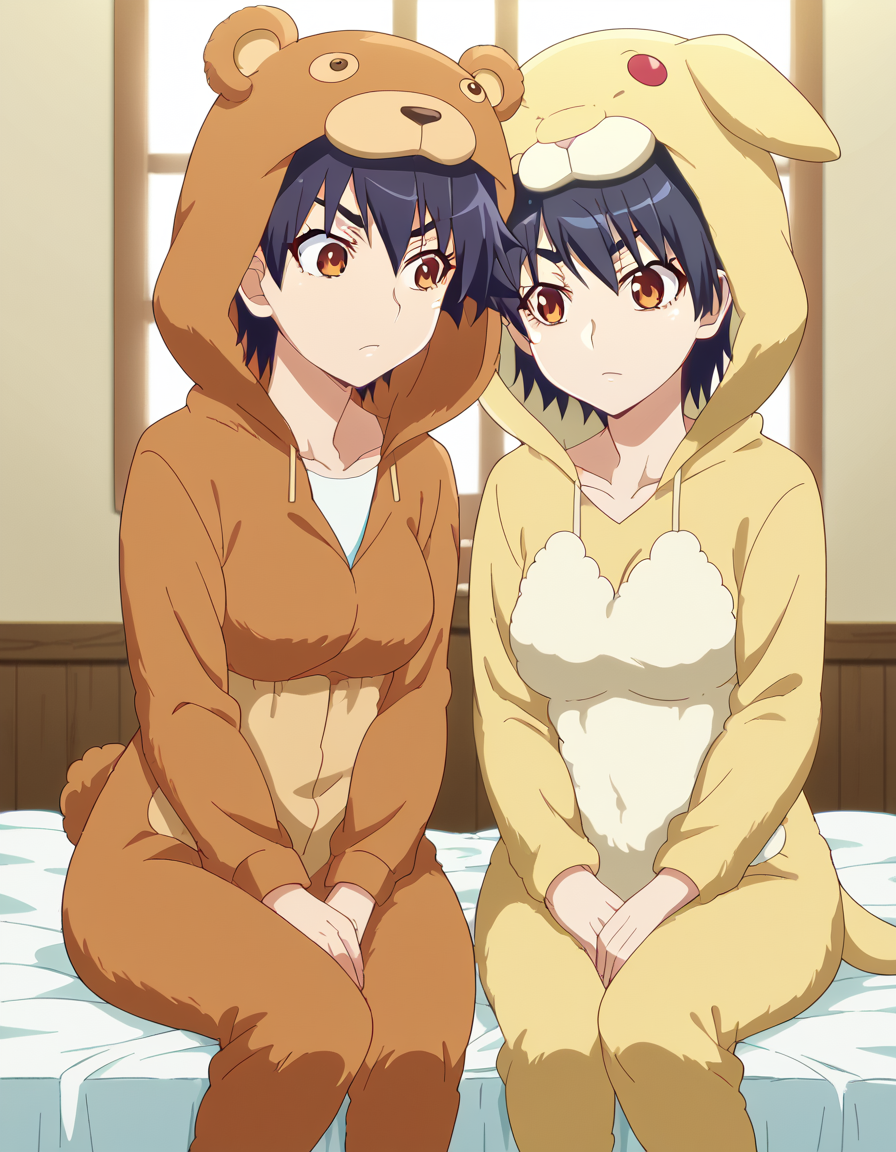score_9, score_8_up, score_7_up, source_anime, <lora:suruga-kanbaru-offmonster-ponyxl-lora-nochekaiser:1>, suruga kanbaru, kanbaru suruga, short hair, black hair, brown eyes, medium breasts, anime screencap, <lora:kigurumi-ponyxl-lora-nochekaiser:1>, kigurumi, animal hood, animal costume, cosplay, rabbit costume, dragon costume, bear costume, dinosaur costume, sheep costume, cat costume, dog costume, panda costume, tiger costume,, indoors, bed, bed room, sitting, , dutch angle, cowboy shot