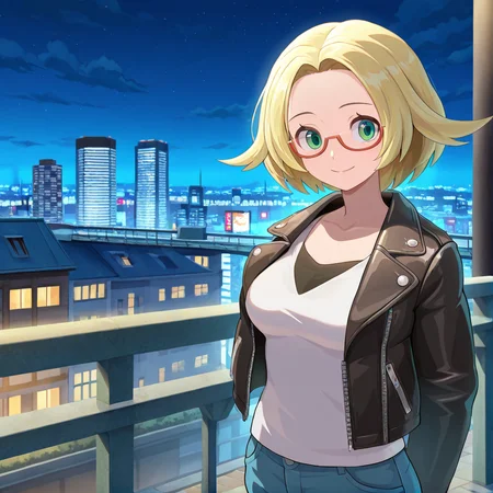 (masterpiece), (best quality), (ultra-detailed), amazing quality, very aesthetic, illustration, perfect composition, intricate details, absurdres, incredibly absurdres, <lora:bianca_bw2_illustrious:1>, biancabw2, 1girl, solo, blonde hair, glasses, green eyes, semi rim glasses, rimmed glasses, leather jacket, white shirt, blue jeans, outside, city, street lights, smile, breasts, night time,