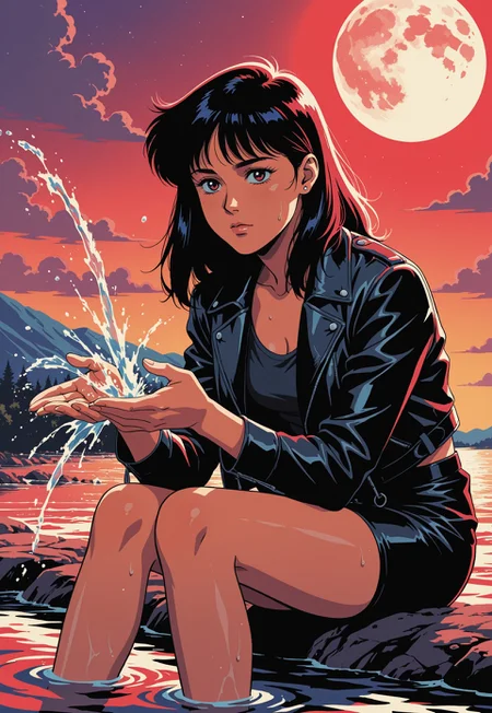 A dark-haired girl sits on river rocks under a glowing red full moon. Her expression is somber, with water splashing around her hands and knees. She wears a black leather jacket over dark clothing, lit dramatically by the red moonlight and cool blue tones of the river. The surrounding pines and mountains are silhouetted. Art style: moody neo-anime realism with strong color contrast and gothic undertones, inspired by nostalgic anime with grainy halftone texture, warm palette, and slice-of-life softness evocative of 80s/90s Japanese animation.