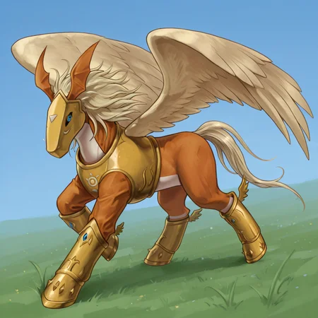 pegasusmon, chestplate, mask, boots, fore-boots, grass, blue sky, blue eyes, hope-symbol, wings