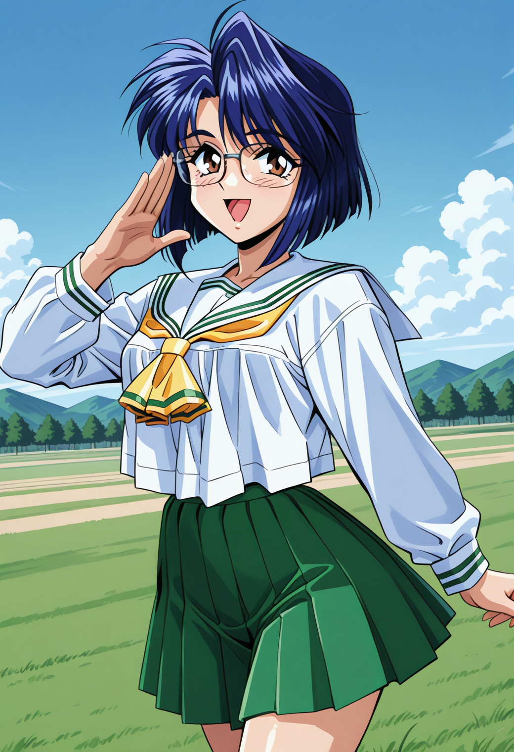 ishibashi_misako, brown eyes, blue hair, short hair, glasses, school uniform, serafuku, white sailor collar, yellow neckerchief, white shirt, long sleeves, green skirt, pleated skirt, <lora:Graduation_ishibashi_misako_illustrious_ver1:0.8> 
smile, open mouth,, masterpiece, best quality, very aesthetic, absurdres, general,, 1girl, solo, blue sky, (grasslands:1.2), looking at viewer,, (cowboy shot, dynamic pose:1.4),