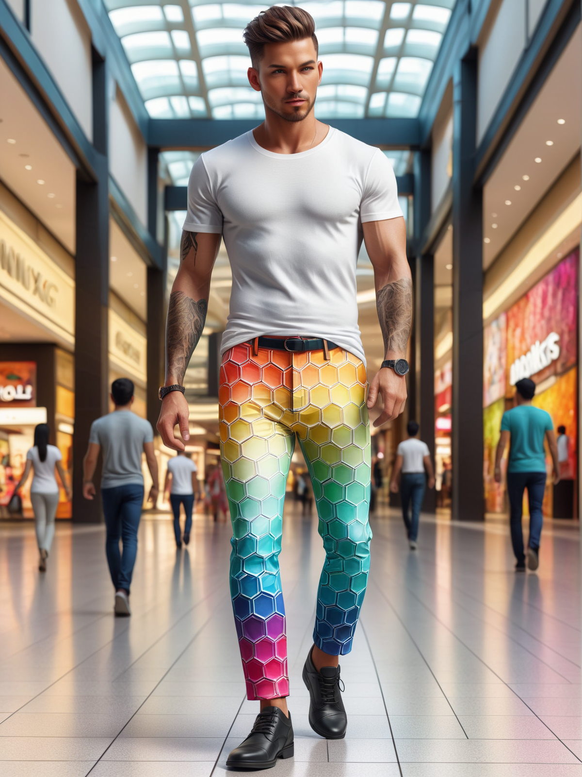 man wearing a colorful madhxg pants and white tshirt walking through mall, dynamic pose <lora:Colorful_Hexadons_SDXL:1>, (masterpiece:1.2), best quality, (hyperdetailed, highest detailed:1.2), high resolution textures