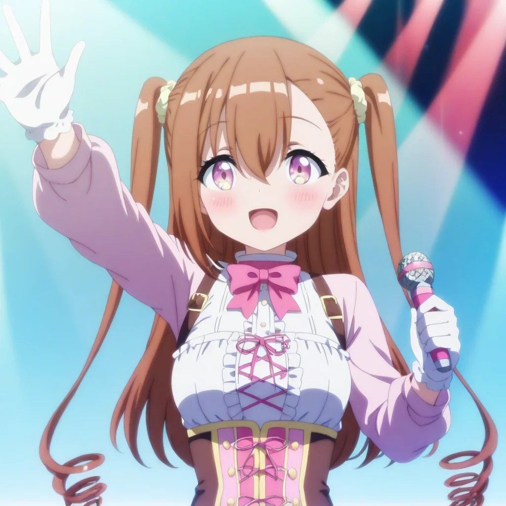 best quality, masterpiece, CostingTasha, 1girl, solo, microphone, brown hair, gloves, long hair, white gloves, holding, bow, holding microphone, open mouth, smile, corset, upper body, bowtie, hair between eyes, scrunchie, long sleeves, pink bow, arm up, hair ornament, shirt, blush, :d, idol, purple eyes, pink eyes, drill hair, two side up, pink bowtie, twintails, frills, hair scrunchie, breasts, outstretched arm,