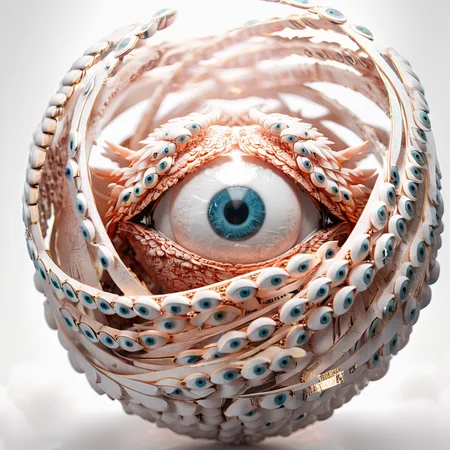 DnD_Grainyboyz, grainy, noise, light artwork, Extremely hyper realistic detailed seraphins, mystical creature with hundreds of eyes and wings with shape of sphere surrounded by layer of hoops full of eyes, white background,
<lora:Seraphins1.0-000038:1.2>
 <lora:DnD_Grainyboyz V2 SDXL Lora:1> 
<lora:Flux-style-xl-lora:0.2>