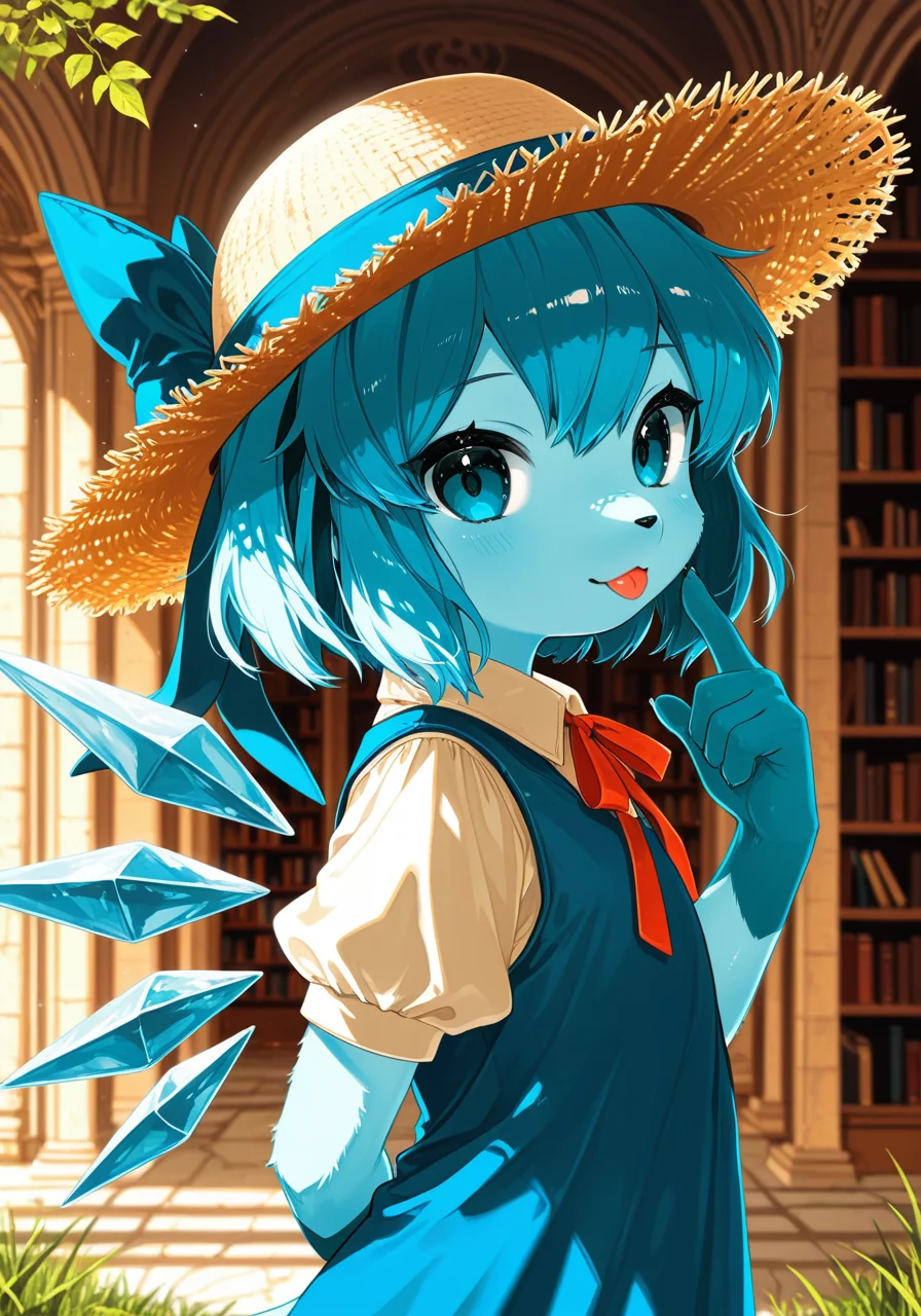 solo, furry, no human, [cirno::0.35], [:cirno:0.55], [:glaceon:0.25], hands behind back, side view, blue hair, blue body, topwear, half-length portrait, noseless, shadow, looking at viewer, blep, finger to face, straw hat, bow ribbon, BREAK, masterpiece, best quality, high quality, [:(by Hideko \(L33L3B\):1.25):0.15], detailed background, detailed foreground, shadow silhouette, depth of field, backlighting, [:rome temple, library, vine, inside, grass, leaf, ruins, sunlight, sunbeam, god ray:0.15]