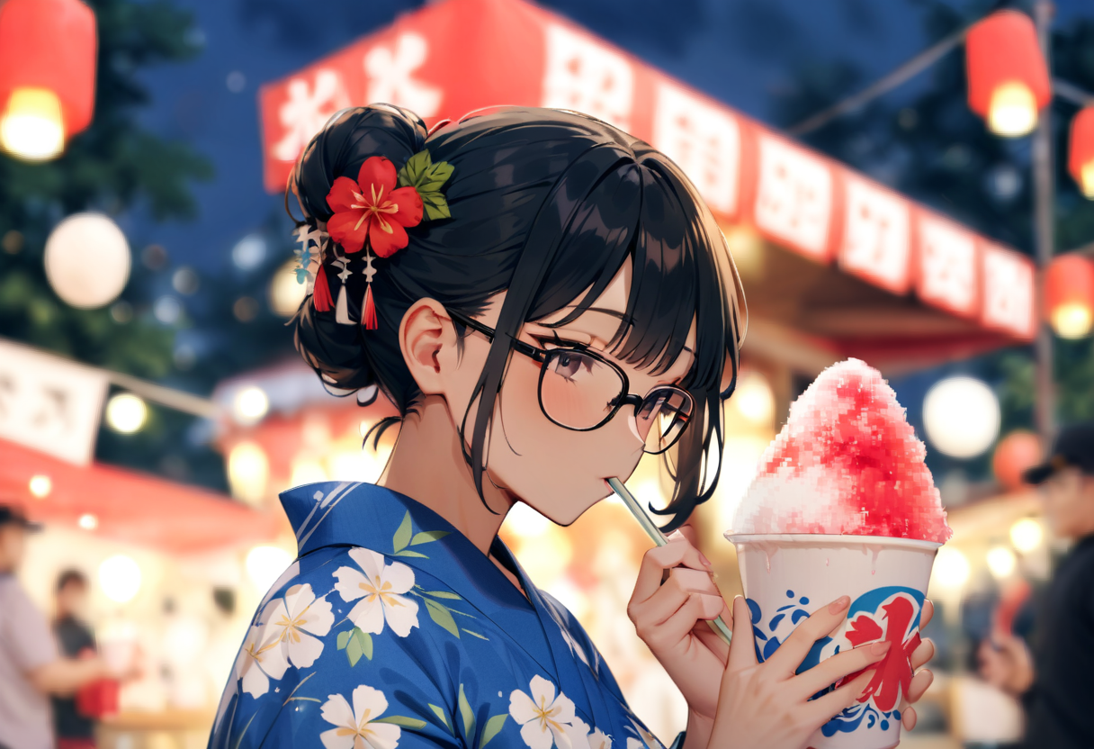 masterpiece, best quality, very aesthetic, absurdres,
1girl, solo, glasses, black hair, short hair, hair bun, hair ornament, yukata, floral print,
holding, holding food, kakikoori_red, shaved ice, cup, food, drinking straw, outdoors, blurry background, night, paper lantern, summer, 
<lora:kakikoori_SDXL_V2:1>