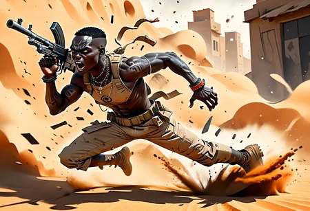chibi,(black skin,) sand-colored torn T-shirt, (machine gun),
shamanic tattoos on the body,
action pose, run,
angry,
desert, sand, day, ruin, african hit,
BREN Mk1 Light Machine Gun,
(hands on machine gun),
African chibi man run with machine gun, (((black skin))), African, ((( anarexic body))), pear-shaped face, short neck, long arms, broad shoulders, Fleshy nose, Low Forehead, Bold Tapered black Eyebrows, African shamanic tattoos,
(graphic novel style, dark novel style),(anime),(masterpiece:1.4), (colourful, soft cinematic light:1.1), incredibly lifelike, Extremely high-resolution details, 8k, best quality, extremely detailed, contrast,