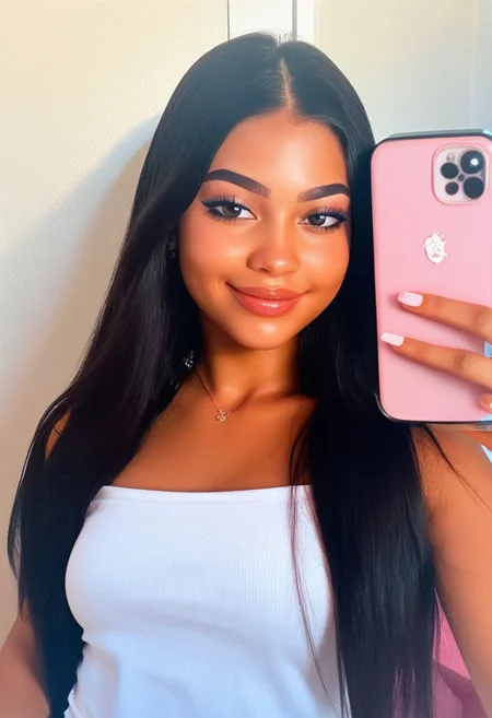 score_9, score_8_up, score_7_up, score_6_up, LTNGRL, Latina girl, 1girl, solo, long hair, phone, cellphone, holding phone, holding, black hair, selfie, smartphone, smile, upper body, lips