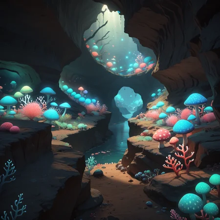score_9, score_8_up, score_7_up, WOMAN, <lora:Sastasha_FORPONY:1> scenery, glowing, cave, coral, mushroom, geyser