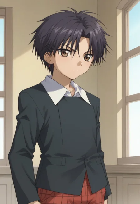 score_9, score_8_up, score_7_up, source_anime, highly detailed,
natsume, 1boy, solo, black hair, short hair, brown eyes, shorts, red shorts, plaid shorts, school uniform, black sweater, shirt, white shirt, long sleeves, earrings, jewelry, upper body
indoor, window,