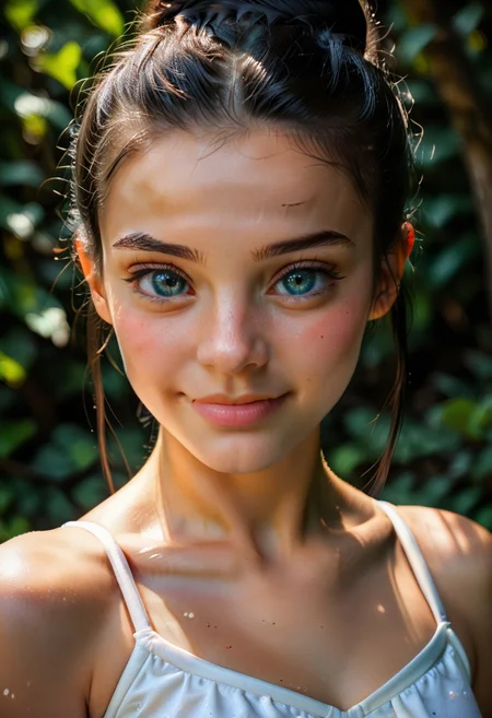 Score_9, score_8_up, score_7_up, realistic, 4K, ultra detailed photography, sharp image, close up, s1_dram, dappled light, woman, 18 years old, petite, thin, small breasts, ballerina, white ballerina dress, cute, adorable, shy smile, looking at viewer, flirtatious, seductive pose, black hair, blue eyes, updo hairstyle, ballet studio, realistic, 4K, ultra detailed photography, sharp image, close up
