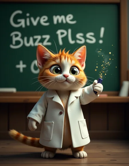 realistic, A cat in a lab coat, standing in front of a blackboard full of "complex equations", but the only thing written is: Give me Buzz Plss!, lots of cuteness, charisma and animated special effects,