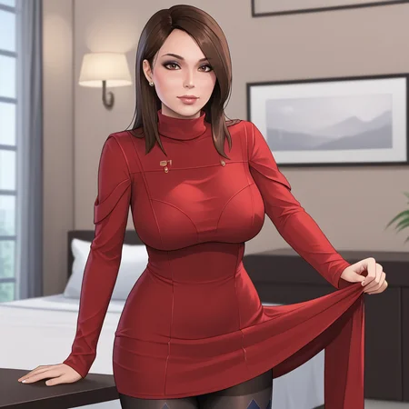 <lora:ashleymasseffect_pony_v1:.8> AshleyMassEffect, 1girl,solo, brown hair,  long hair, brown eyes, large breasts,  lipstick,eyeshadow, cowboy shot <lora:0965 Home wear 12_v1_pony:1> ruanyi0965,red dress,short dress,black pantyhose,argyle legwear,turtleneck,dress lift,bottomless,long sleeves