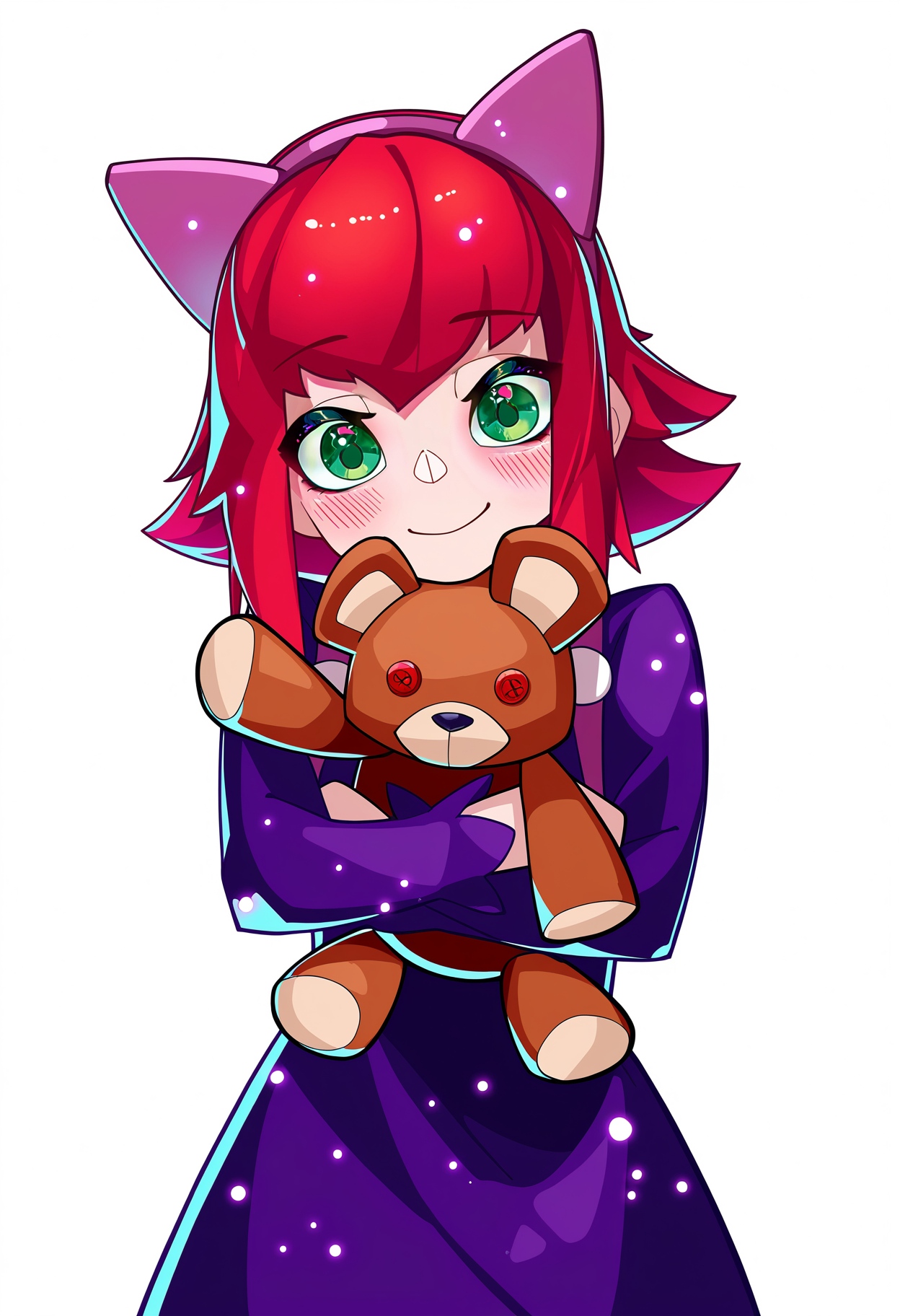annie \(league of legends\), prevgu annie, purple dress, long sleeves, league of legends, nellen, 1girl, solo, looking at viewer, blush, smile, short hair, simple background, white background, dress, animal ears, green eyes, red hair, cat ears, stuffed toy,  stuffed animal, teddy bear
intricate detail, light particles,
(traditional media,:0.7)(hatching \(texture\),: :0.3)(masterpiece:0.5)