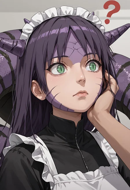 score_9,score_8_up,score_7_up, source_anime, 1girl, maid, confused expression, maid headdress, long dress, black dress, white apron, Naruto_Manda, snake, slit pupils, green eyes, purple body, body markings, black eye markings, 2 pair of horns, black belly scales,, hands on own hair, looking up, clagwimoth, confused, ?, portrait,