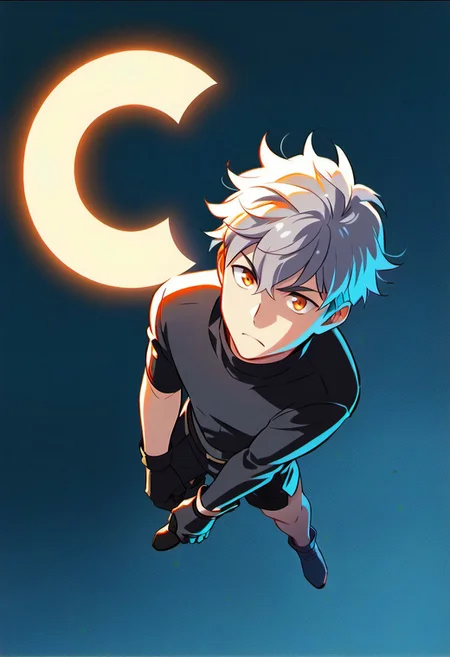 cartoon art style, adult, no shoes on, ((masterpiece)), ((best quality)), ((ultra-detailed)), score_9_up, score_8_up, score_7_up, HD, top quality, best quality, High-quality illustrations, anime screencap, masterpiece, best quality, amazing quality, (Cartoony), thick outlines, 1boy, BREAK man male guy, platinum hair, very short hair, messy hair, curly hair, dark side fade hair, dark side cut hair, robotic orange eyes, holographic eyes, defined chin, chiseled face, athletic slim body, light skin tone, black shorts, plain silver shirt, standing, BREAK simple blank background