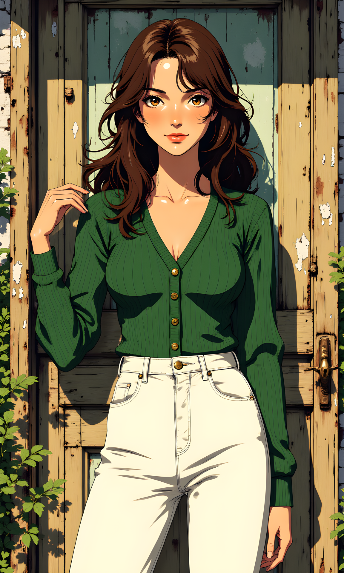 A woman standing in front of an old, weathered wooden door. She has long, wavy brown hair that cascades over her shoulders. Her expression is warm and inviting, with a gentle smile on her face. She is dressed in a stylish outfit consisting of a green ribbed cardigan and white jeans.
Her facial expression is friendly and approachable. She has a soft smile, which adds to the overall warmth and positivity of the image. Her eyes are bright and engaging, creating a connection with the viewer.
She is standing with one hand resting on her hip and the other arm slightly bent, giving a relaxed and confident pose. Her body is angled towards the camera, and she appears to be leaning slightly against the wooden door. This pose conveys a sense of ease and comfort.
The woman is wearing a green ribbed cardigan that fits snugly, accentuating her figure. The cardigan has a V-neck design, adding a touch of elegance to the outfit. She pairs this with high-waisted white jeans, which create a clean and modern look. The combination of the green cardigan and white jeans creates a balanced and fashionable appearance.
The camera is positioned at eye level, capturing the woman from a frontal perspective. This angle allows for a direct and intimate view of her face and upper body. The framing is tight, focusing primarily on her and the immediate surroundings.
The lighting in the image is natural, likely from sunlight, given the warm tones and shadows. The light highlights her features and the texture of her clothing, creating a soft and inviting atmosphere. The shadows add depth and dimension to the image, enhancing the overall visual impact.
The background features a rustic outdoor setting with an old, weathered wooden door. The door has peeling paint, adding a sense of history and character to the scene. Behind the door, there are trees and shrubs, suggesting a natural environment. The overall setting provides a charming and picturesque backdrop for the image.
The composition is well-balanced and harmonious, with the woman centered in the frame. The lines of the wooden door and the direction of her gaze guide the viewer's eye through the image, creating a sense of movement and interaction. The contrast between the green cardigan and the white jeans, along with the rustic background, enhances the overall visual interest. The overall effect is one of casual elegance and timeless beauty, capturing a candid and stylish moment in a natural setting.
BREAK j_art, anime art, <lora:FLUX\RetroAnimeS1.1:0.1>, <lora:FLUX\GLSHS:0.1>, <lora:FLUX\Dieselpunk Delight - s0_9 g4:0.1>, <lora:FLUX\Anime Art V3:0.1>, <lora:FLUX\jul\J_Anime:1.0>