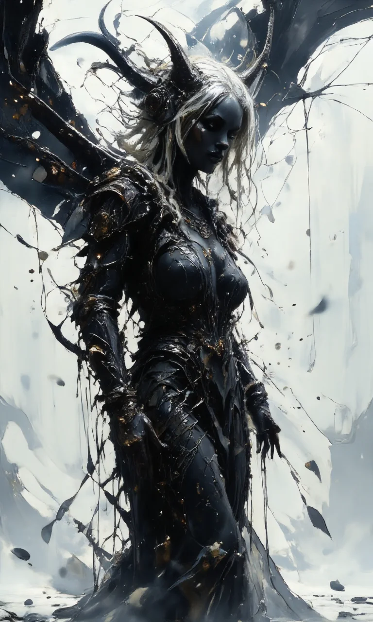 A side-view, wide shot, full-body black silhouette of woman with long silver-white hair standing on a plain white background, having horns and demon wings, facing to the right. wearing a long black dress. A strong wind flows her hair and the dress to the left. The silhouette appears solid at the front, but the back of the figure is dissolving into thousands of little particles forming long curved lines that drift backward, as if being carried away by the wind. Edges gradually fading into wide soft particles. Fragments that scatter into the air. The particles fade from dense to sparse, giving a surreal sense of the figure disintegrating into the air
