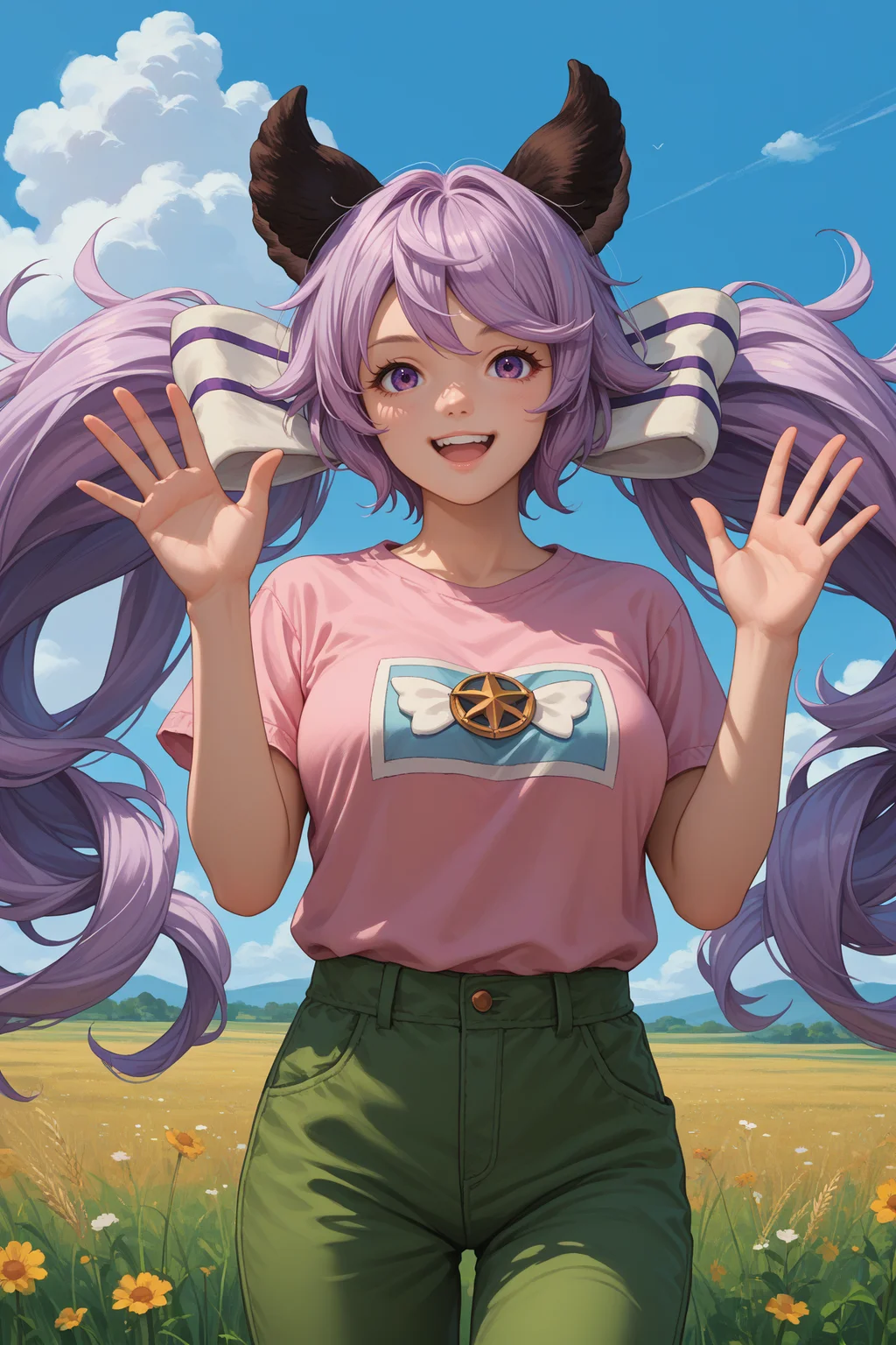 score_9, score_8_up, score_7_up, score_6_up, source_anime, 1girl, solo, <lora:gbfsatyr-pdxl-nvwls-v1-000005:1> defStr, animal ears, lavender hair, purple eyes, very long hair, twintails, white bow, pink t-shirt, green pants, looking at you, happy, blue sky, clouds, wide shot, large breasts, field, hands up