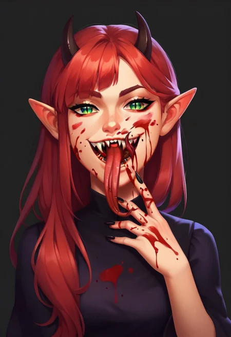 score_9, score_8_up, score_7_up, casual game art style, casual game art, mobile game art, merge 3 game art, character design, cascart, 1girl, solo, very long hair, red hair, looking at viewer, smug, one eyebrow raised, bangs, green eyes, slit pupils, black horns, open mouth, blood on teeth, fangs, tongue, tongue out, (forked tongue:1.5), fingernails, black nails, blood on hands, blood on face, blood on tongue, dripping blood, long fingernails, sharp fingernails, pointy ears, (single hand up, licking own finger), black regal dress, portrait, simple background, black background