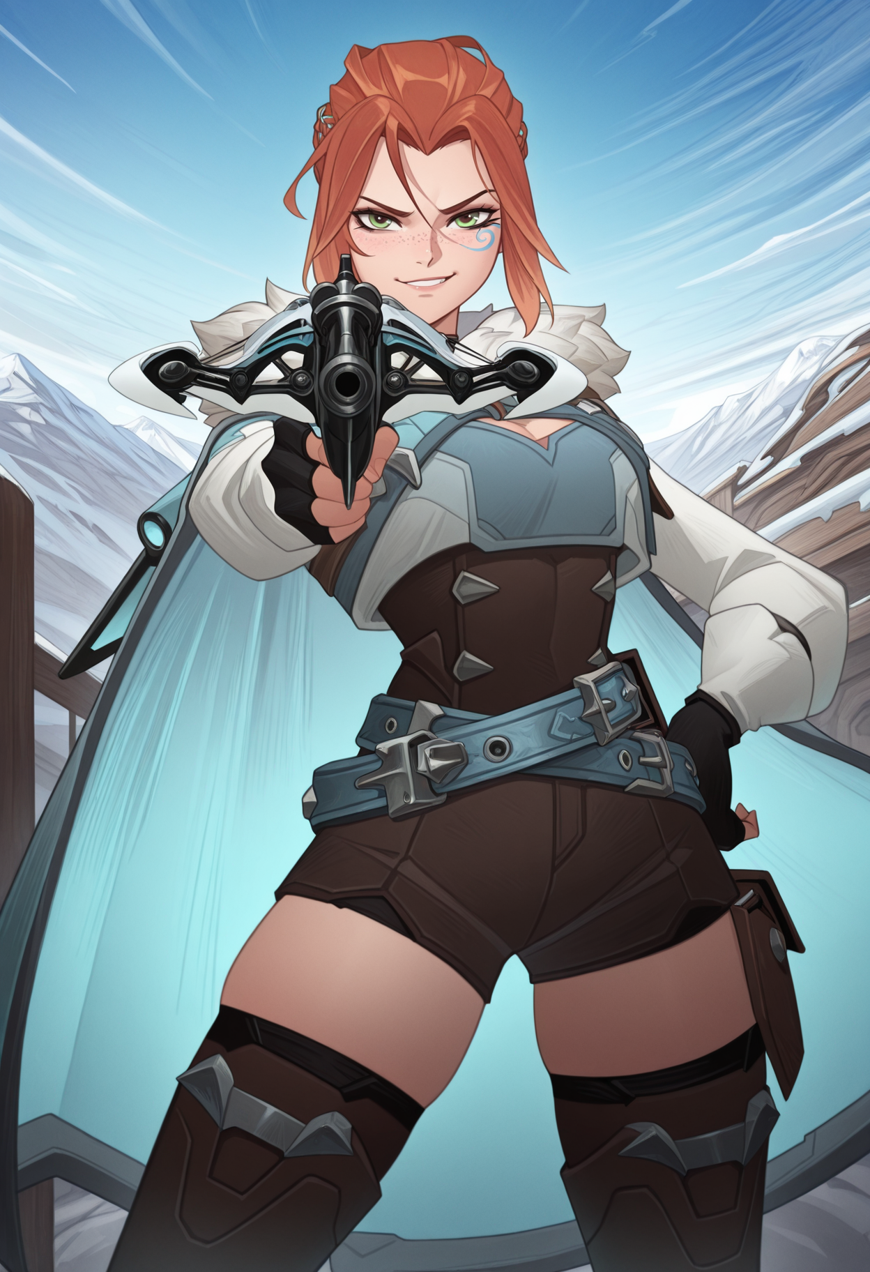 masterpiece, best quality, amazing quality, <lora:frejaV2Illustrious:1> ow2freja,1girl, solo,
vest, fur trim, fingerless gloves, shorts, belt, thighhighs,  asymmetrical facial mark, cape, smirk, hand on hip, crossbow,  aiming at viewer,   <lora:afkArenaIllustrious:1> afkArenaStyle