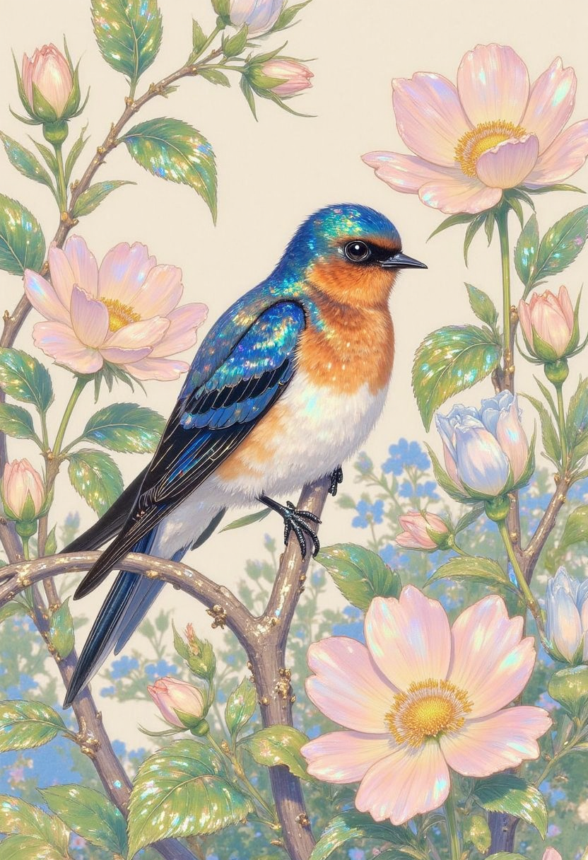 pinkprismaticglow,  This is a whimsical, vintage-style postcard featuring a delicate swallow perched on a slender, gnarled branch, surrounded by a lush arrangement of blooming flowers in shades of soft pink, baby blue, and sunshine yellow, amidst a backdrop of vibrant green leaves with subtle, textured veins. The artwork is rendered in a stunning, highly detailed watercolor style, with bold brushstrokes and subtle color blending, evoking a sense of nostalgia and wonder. The swallow's feathers are a mesmerizing iridescent blue, with subtle sheen and delicate texture, while its bright, inquisitive eyes shine like polished black onyx. The entire scene is bathed in a warm, golden light, as if illuminated by a soft summer breeze.