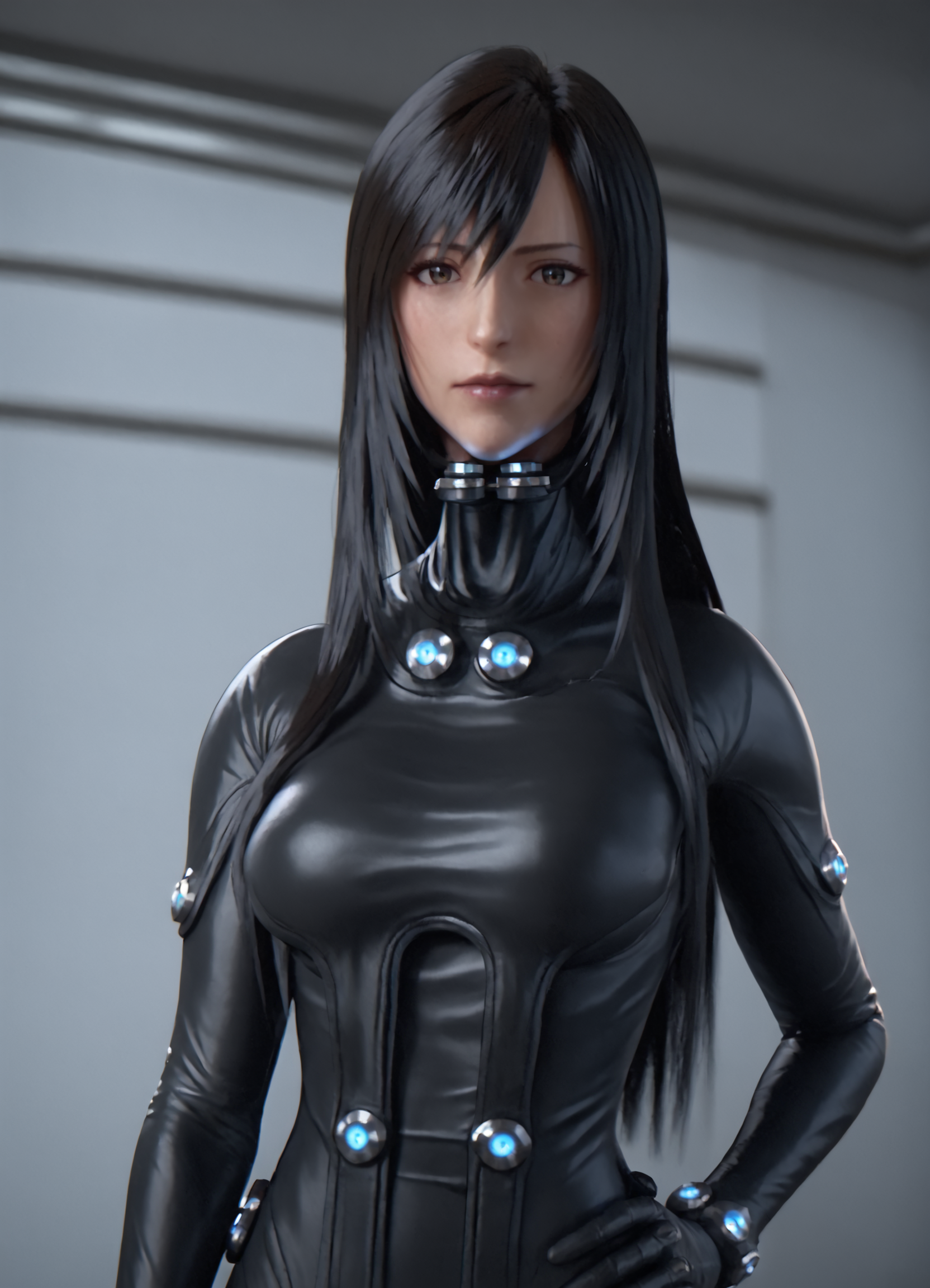 <lora:ReikaPony1.0:1> reika shimohira, 1girl, long hair, solo, black hair, black bodysuit, neon trim, science fiction, breasts, upper body, score_9, score_8_up, score_7_up, score_6_up, score_5_up, score_4_up, looking at viewer, cowboy shot,hand on own hip,