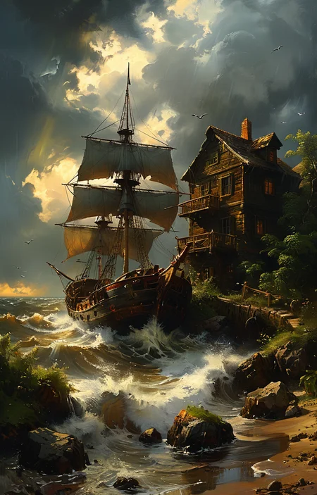 masterpiece,best quality,<lora:tbh102-sdxl:0.6>,Pirate ship in middle of bad weather , detailed oil painting, unreal 5 render, rhads, sargent and leyendecker, savrasov levitan polenov, bruce pennington, studio ghibli, tim hildebrandt, digital art, landscape painting, octane render, beautiful composition, trending on artstation, award winning photograph, masterpiece, seekart style,style of Andreas Achenbach,