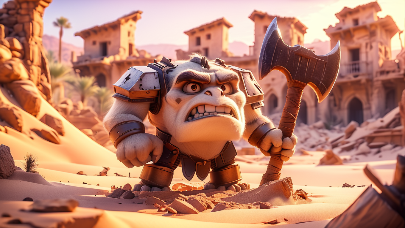 a cute drdnght machine with a large axe standing in the ruins of an old city, desert with lots of sand, sunset with a romantic atmosphere
Ultra-HD-photo-same-realistic-quality-details
 <lora:Space_Marine_Dreadnought_-_Warhammer_40000_SDXL:1> <lora:Cute_3D_Cartoon:0.8>
