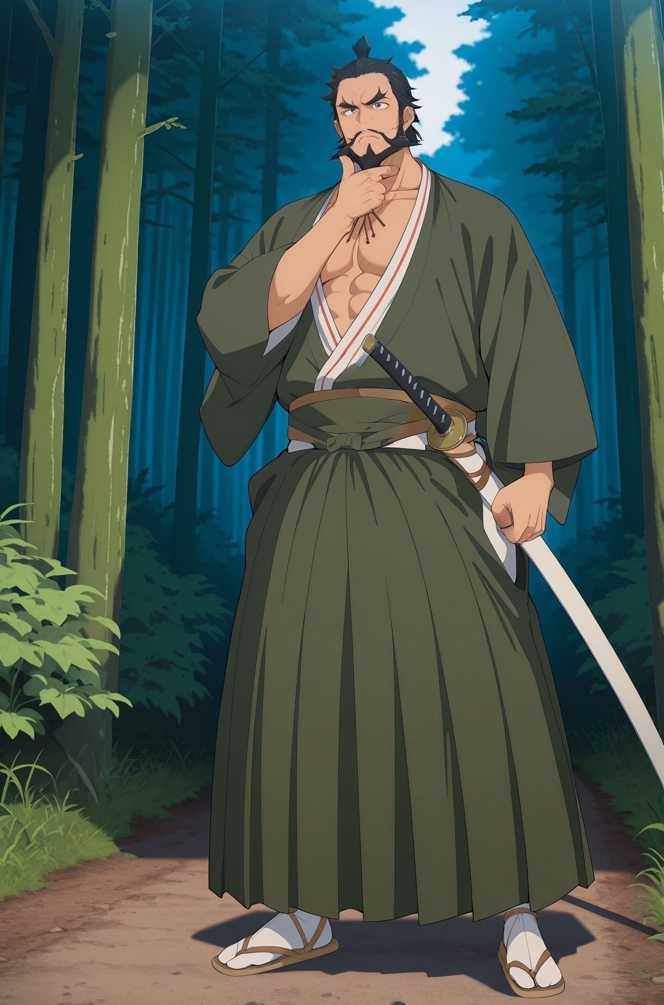 masterpiece,best quality,amazing quality,very aesthetic,absurdres,newest, huge filesize,
<lora:spo_sdxl_10ep_4k-data_lora_webui:0.5>,
<lora:add-detail-xl:1>
Japan medieval ,  outdoors, forest, 
<lora:jigokuraku_V1:1>j_V1,
1boy,solo,male focus,
weapon,sword,open clothes,  cleavage, 
japanese clothes,hand on own chin,
samurai,beard,full body,hakama,
katana,stroking own chin,
transparent background,
facial hair,black hair,sandals,
skirt,kimono,sheath,j_tetsusai,