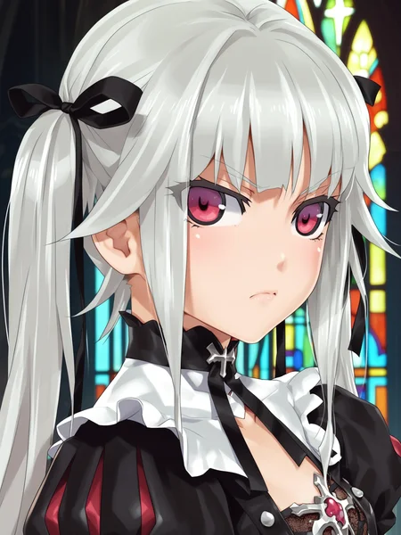 <lora:happy_tentacle-kirie-v0.2-000020:0.8>, ht_kirie, (silver hair:0.6) (red eyes:0.6), twintails, (hair ribbon, black ribbon:0.6), black dress, puffy sleeves, choker, church , 1girl, solo, portrait , , (angry :1), , looking at viewer , , from side , score_9, score_8_up, score_7_up, score_6_up, score_5_up, score_4_up