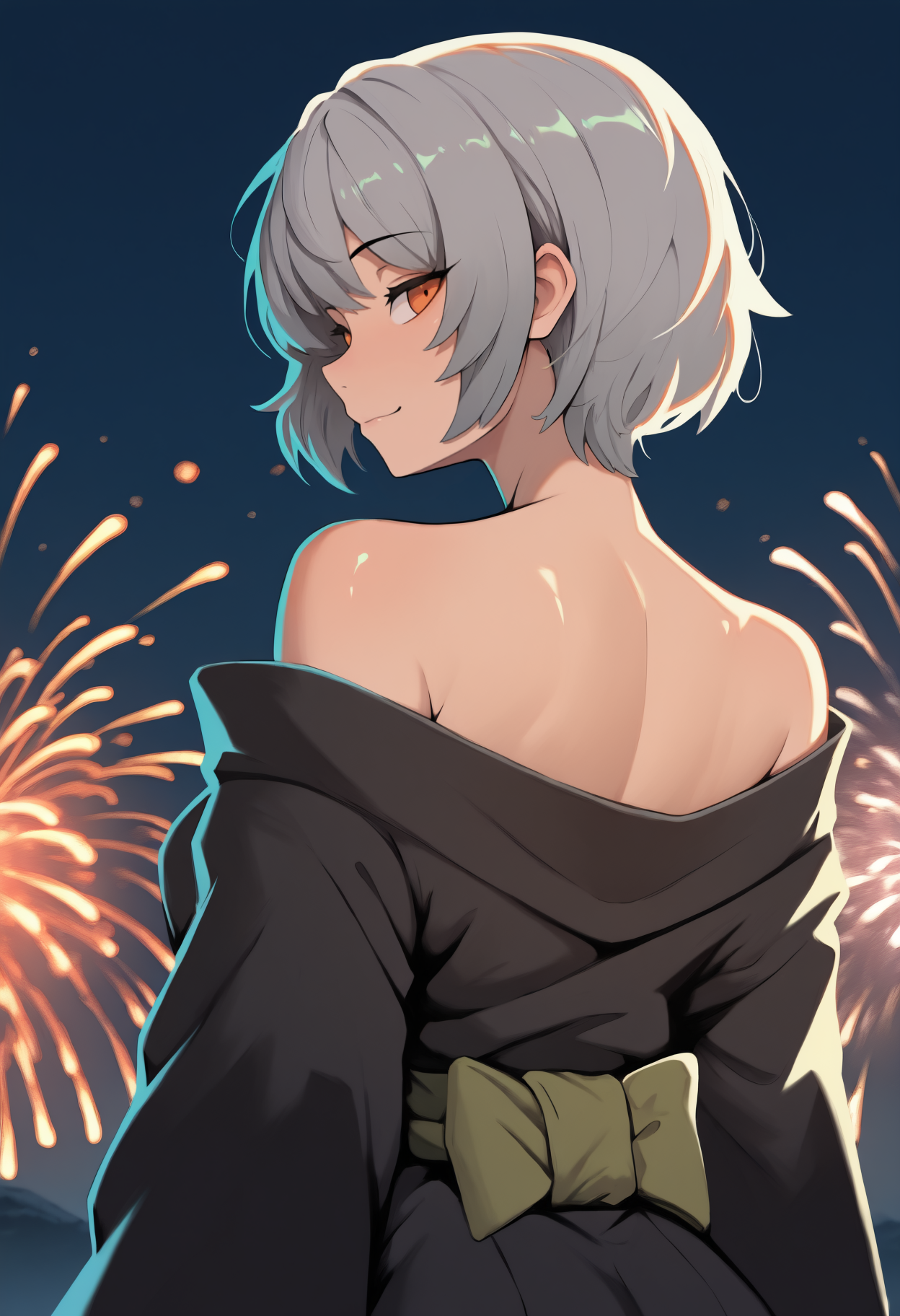 masterpiece, best quality, newest, anime, from behind, solo, 1girl, abdmrdef, slight smile, looking back, short hair, grey hair, orange eyes, japanese clothes, black kimono, off shoulder, green sash, bare shoulders, outdoors, night, fireworks
<segment:yolo-Anzhc Face seg 640 v2 y8n.pt,0.4,1//cid=1>