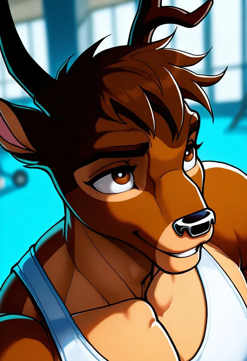 <lora:Bambi_KappaX:1>, bambi, kappaX, deer, antlers, light brown fur, brown eyes, perfecteyes, short hair, furry male, furry, solo, 1boy, anthro, muscular, bara, athletic build, large pectorals, beautiful, hyper-detailed, depth of field, highres, absurdres, HD, very aesthetic, high sharpness, beautiful vibrant colors, dynamic angle, semi-realistic lighting, detailed background, gym, white tank top, dolphin shorts, face focus, close up, portrait, smile, teeth, (artist:syuro:0.8), (artist:nomax:0.5), (artist:honovy:0.6), (artist:kenket:0.6), (artist:taran fiddler:0.6)