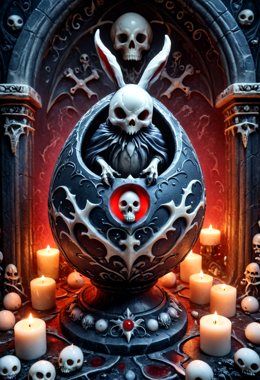 made of marbles, <lora:Marbles_World_r1:0.90>, A monstrous gothic chick, sculpted entirely from jagged white marble, emerging from a cracked demonic Easter egg. Black mist pours from the cracks, glowing red veins pulse across its form. Perched on a ritual altar surrounded by candles, bones, and ancient texts. Dark fantasy, ultra-detailed. dark fantasy, gothic, <lora:GothicDetailEnhancerV1:0.95>, <lora:add-detail-xl:0.75>,