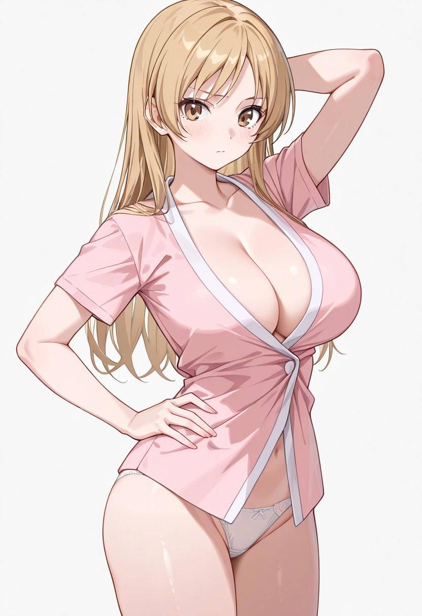 masterpiece, best quality, 1girl, cute, Riko, blonde hair, brown eyes, large breast, wearing pink outfit, cleavage,
white background, empty void, (cowboy shot: 1.5), bare thighs, cute white panties, looking at view, one hand on hip, one hand behind head,